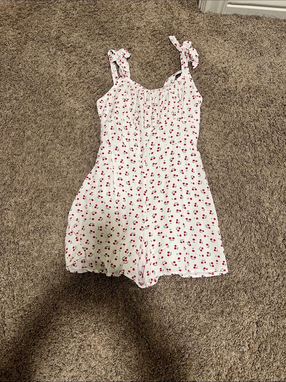 Xtraordinary White Cherry-Print Tie-Strap Romper